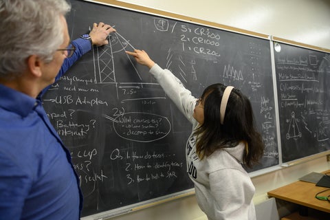 Student and professor pointing at diagram on blackboard