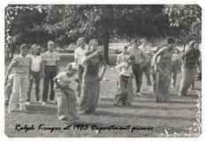 Department sack race event from the past (black & white photo)