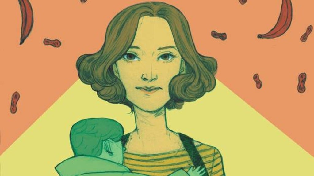 Illustration of woman holding baby. 