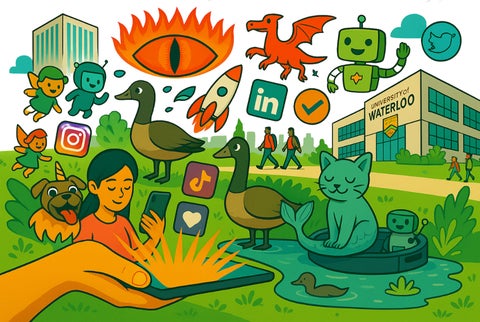 A hand holding a smartphone emits light, surrounded by various icons representing social media and activities. In the background, there are geese, a dragon, a robot, and a cat with a mermaid tail sitting by a pond, with the University of Waterloo building visible. People are walking in the scene.