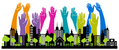 Illustration of multi-coloured hands raised behind a city scape of buildings and trees