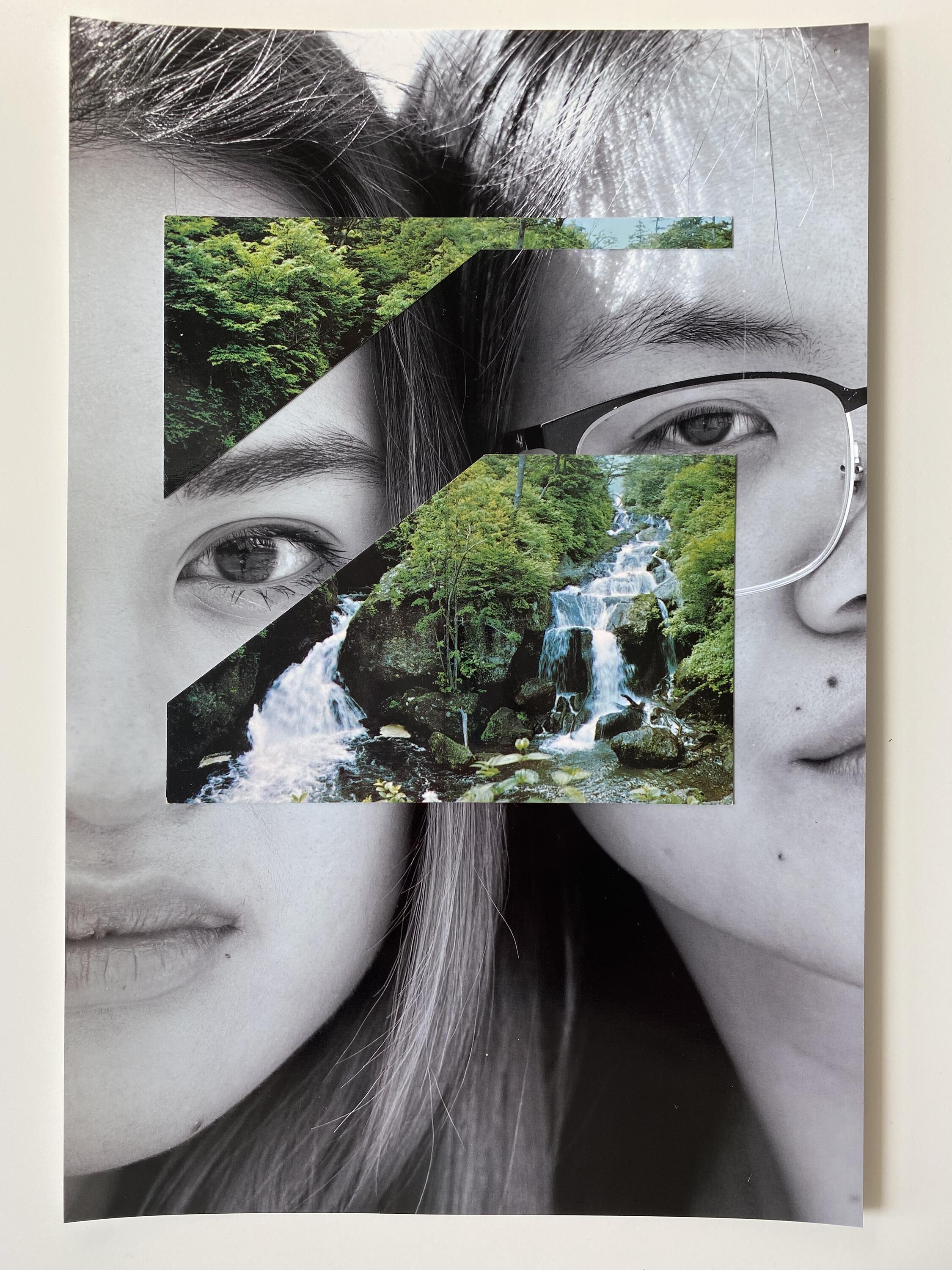 2 faces with picture of waterfall