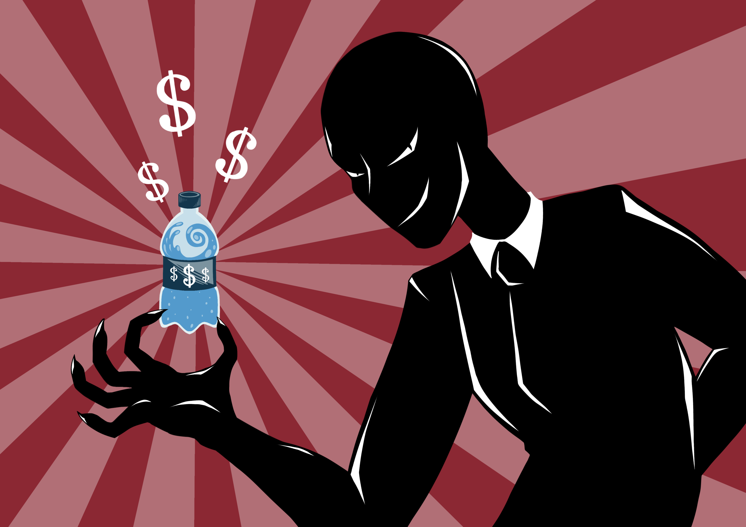 Illutration od evil figure holding bottle of water with dollar signs