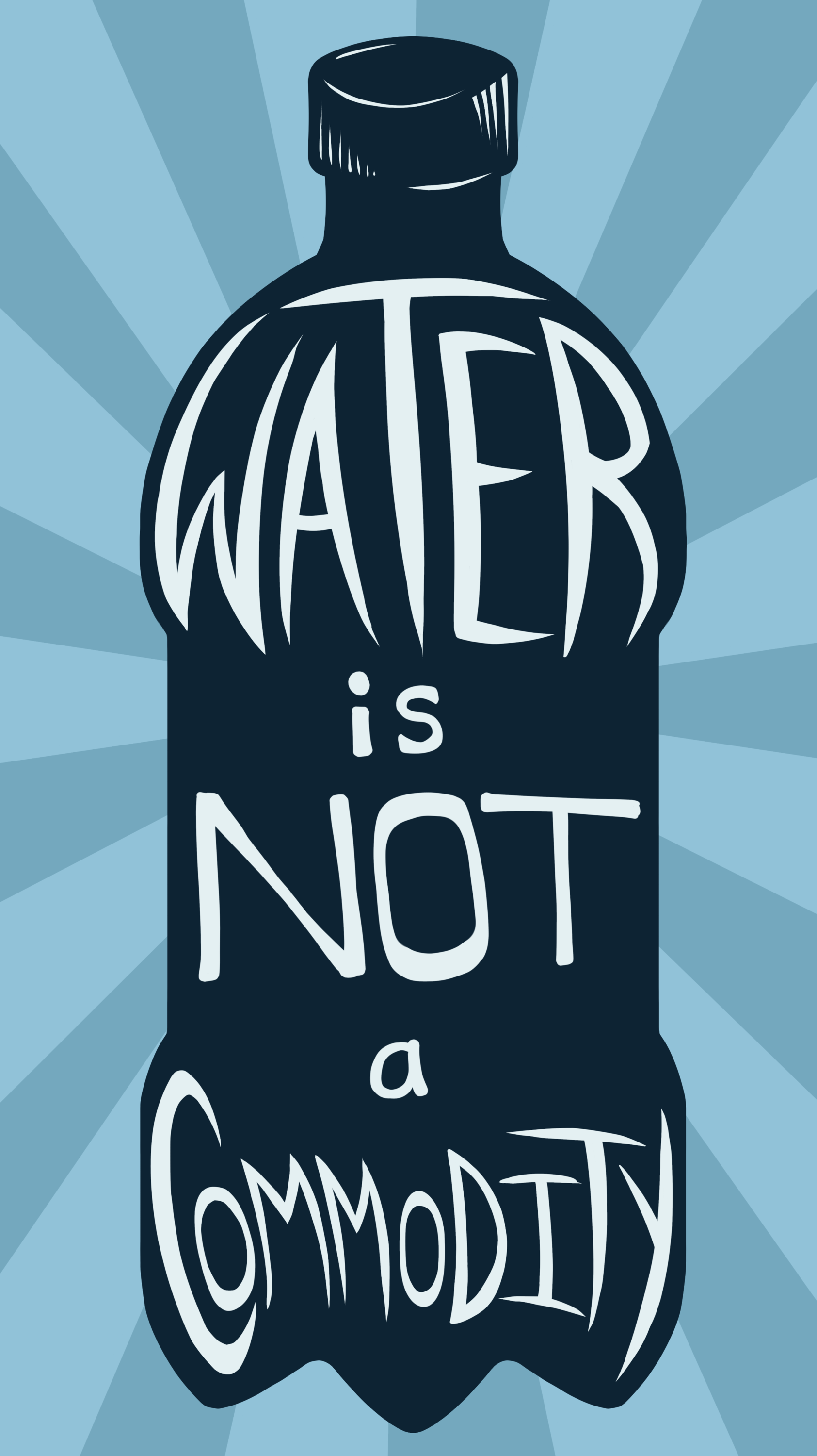 illustration of bottle with 'water is not a commodity' on it