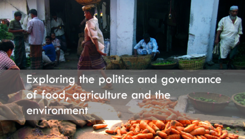 Market in Dhaka with text exploring the politics and governance of food, agriculture and the environment