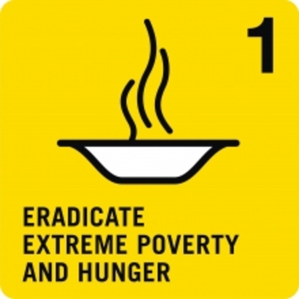 Yellow logo for the Millennium Development Goals: reads "Eradicate extreme poverty and hunger" and depicts a steaming bowl.
