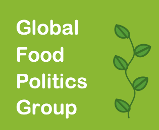 Global Food Politics Group in white lettering on a bright green background with a dark green vine climbing up the right hand side of the image. 