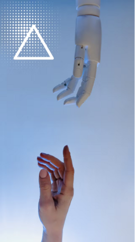 one robot hand reaching out to touch a human hand