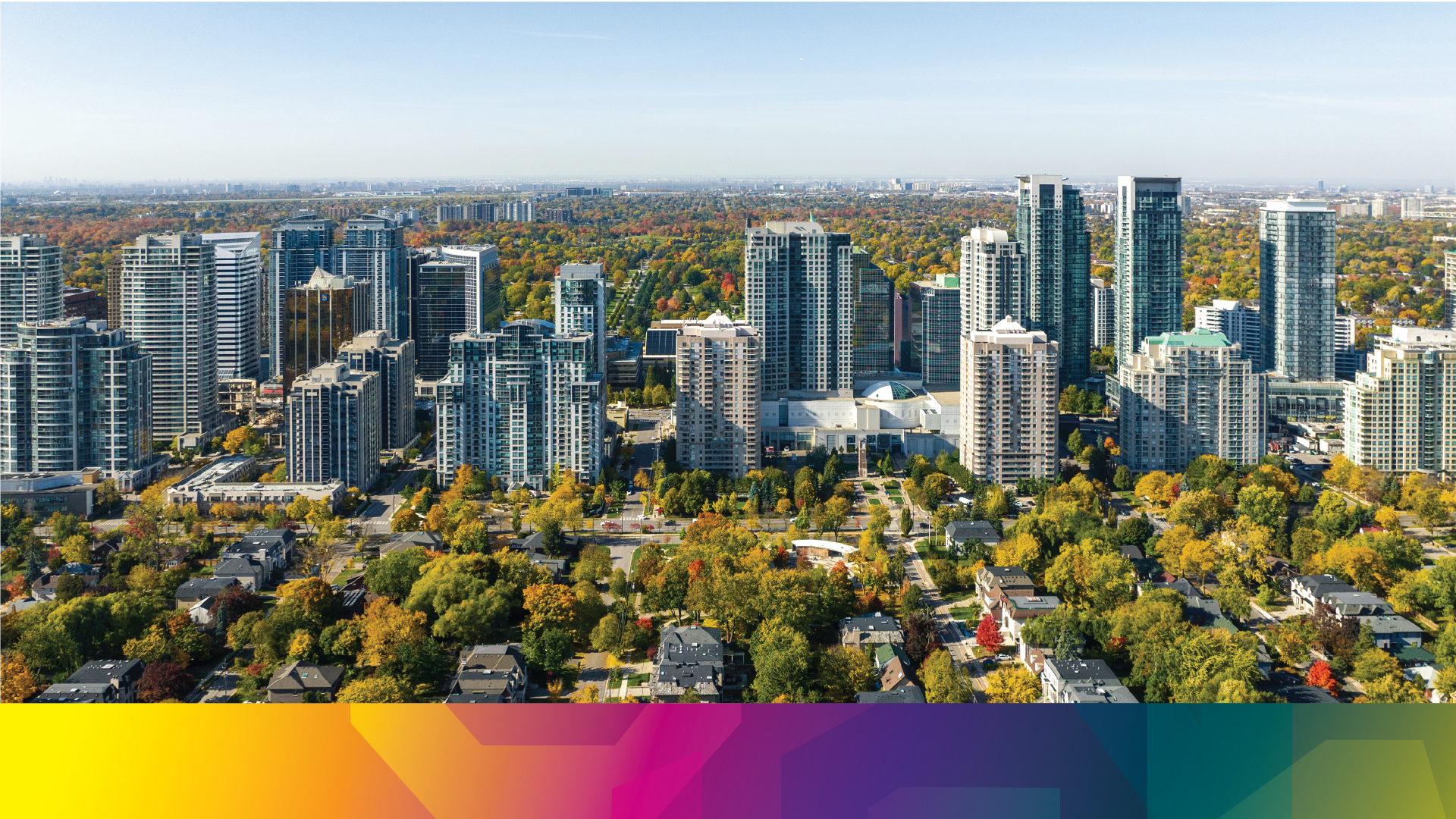 An aerial shot of tall buildings 