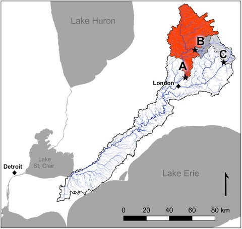 Geographic map of the Fanshawe reservoir and its watershed in Ontario.