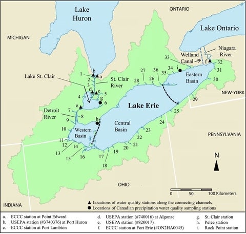 Lake Erie and its watershed showing locations of water quality stations along the connecting channels and locations of Canadian precipitation water quality sampling stations.