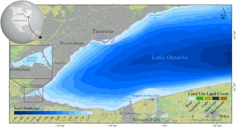 Map of Lake Ontario showing location within North American and Ontario as well as isobath lines of equal lake depth.