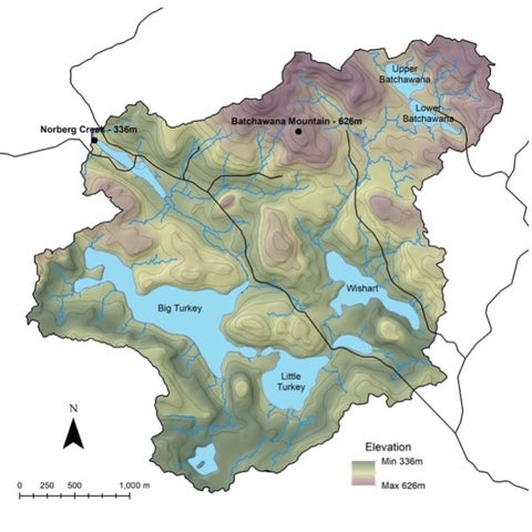 A closeup map of the Turkey Lakes Watershed showing Big Turkey and Little Turkey lakes.