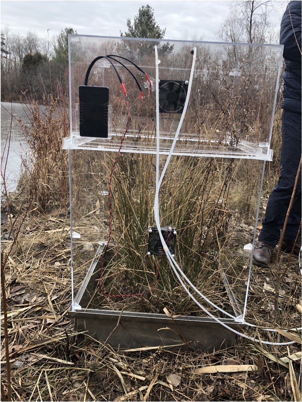 An experimental setup at a stormwater pond in Kitchener, Ontario