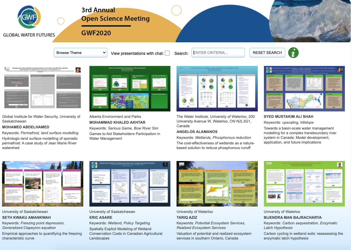 Global Water Futures 2020 virtual poster session dashboard.