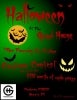 Halloween poster with bats, orange moon, and green background