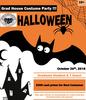 Picture of a bat, spider, house with HALLOWEEN written on it, and the Graduate Student Association logo. 