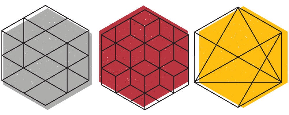 3 hexagons with different patterns and colors within