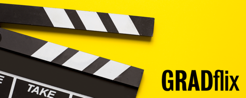GRADflix, yellow background with movie prop
