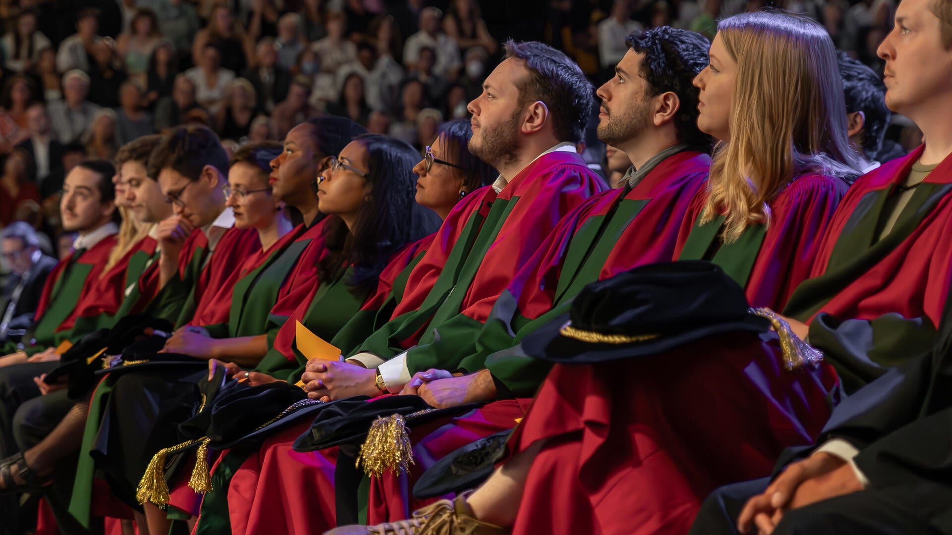 a profile shot of a dozen PhD graduates sitting together in caps and gowns for convocation