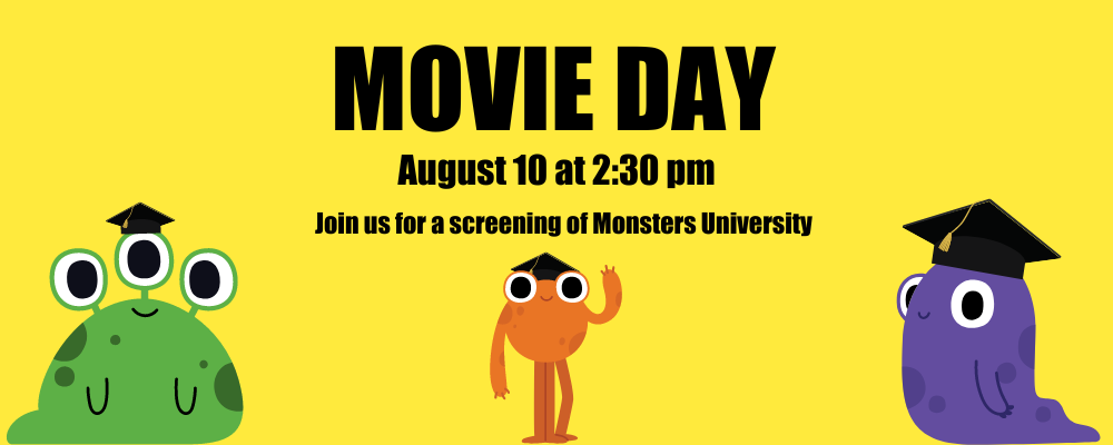 Yellow background with photos of monsters that says movie day and similar information as below
