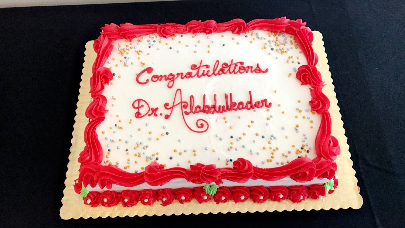 Photo of Balsam's thesis defense celebration cake