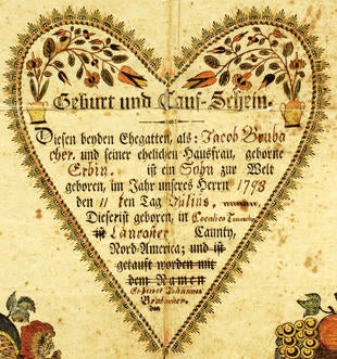 John Brubacher's birth certificate done in traditional &quot;fraktur&quot; style