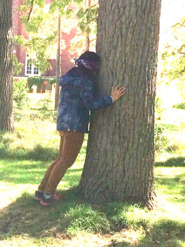 Student holds head against a tree