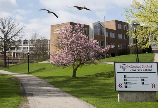 Conrad Grebel University College in the spring with geese flying