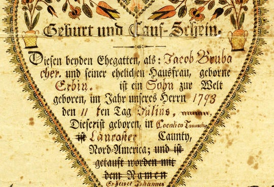 John Brubahcer's birth certificate done in traditional 