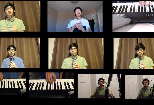 a split video screen of the same student playing different instruments at simultaneously.