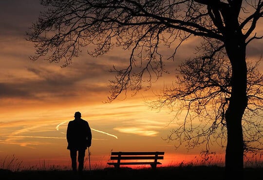 the silhouette of an elderly man looks out onto a sunset on a park hill.