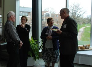 Board members: Arnie Dyck, Hendrike Isert Bender, Carol Lichti (Administrative Assistant) and Lynn Yantzi chat at the campaign launch