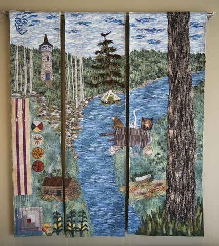 fibre art piece depicting Indigenous and Mennonite histories along the Grand River