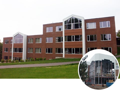 two views of Grebel, the residence from outside and view of newly built atrium 