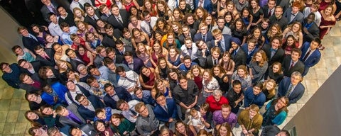A large group photo of Grebel students in the 2018-2019 academic year