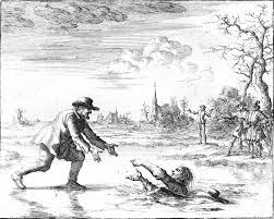 An etching of a man rescueing another from an icy river