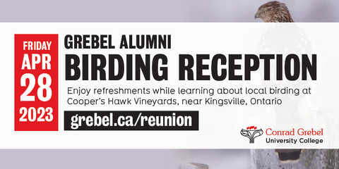 Invitation to Grebel Alumni Birding Reception on April 28, 2023. Info at grebel.ca/events