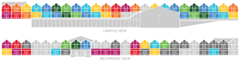 Illustration of the grebel residence, coloured blocks reveal 13 rooms remain in the fundraiser.