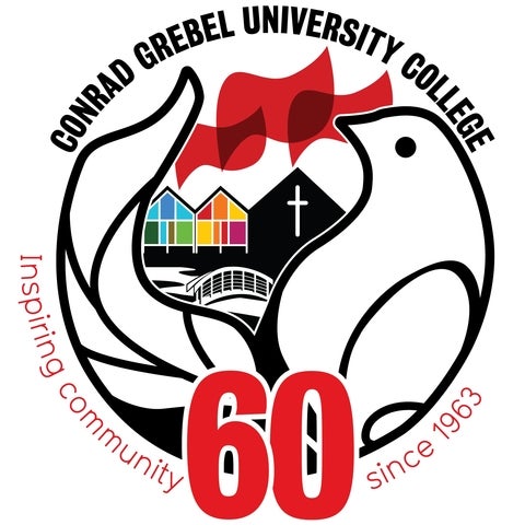 Black lines and shapes form a leaf, dove, and the Grebel peaked rooves. There is a rainbow of colours in the windows, with red flowing shapes above. Reads: Conrad Grebel University College, Inspiring community since 1963, and 60 in bold, red.