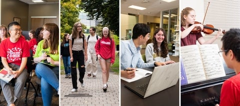 A collage of Grebel students engaging in life at Grebel, studying, leadership, music, and campus life