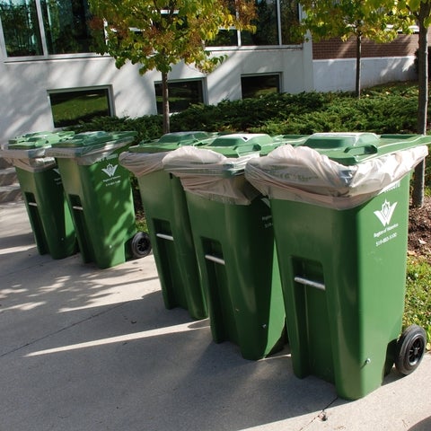 five green bins in a line 