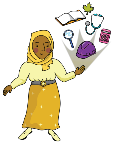 illustration of a woman with a headcovering, wearing Yellow. In her one hand out stretched, float an engineering helmet, book, magnifying glass, maple leaf, calculator, and stethescope