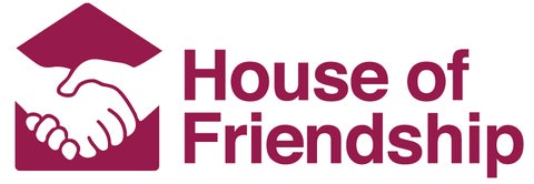 House of friendship logo with two hands holding in house shape