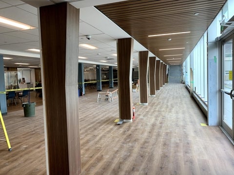 Dining room pillars with stairs to the chapel