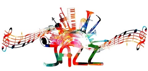 Colourful instruments side-by-side with the word Jazz below