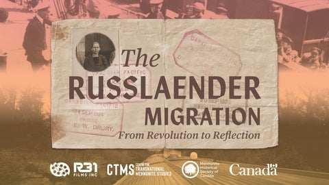 Sepia tone collage of 1920 travel documents, historical photo, and view of a train. "The Russlaender MIgration: From Revolution to Reflection"