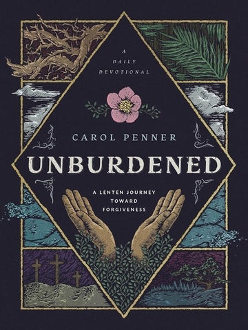 dark purple book cover with many nature graphics surounding a diamond shape with the title "Unburdened"