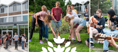 collage of student life, including planting a tree outside the residence