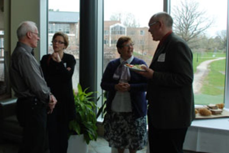 Board members: Arnie Dyck, Hendrike Isert Bender, Carol Lichti (Administrative Assistant) and Lynn Yantzi chat at the campaign launch